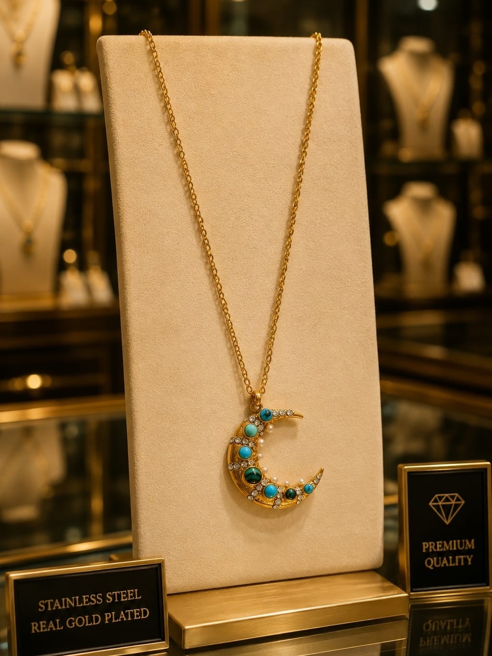 Gold Crescent Moon Pendant Necklace with Turquoise and Green Stones - Picture 7 of 8